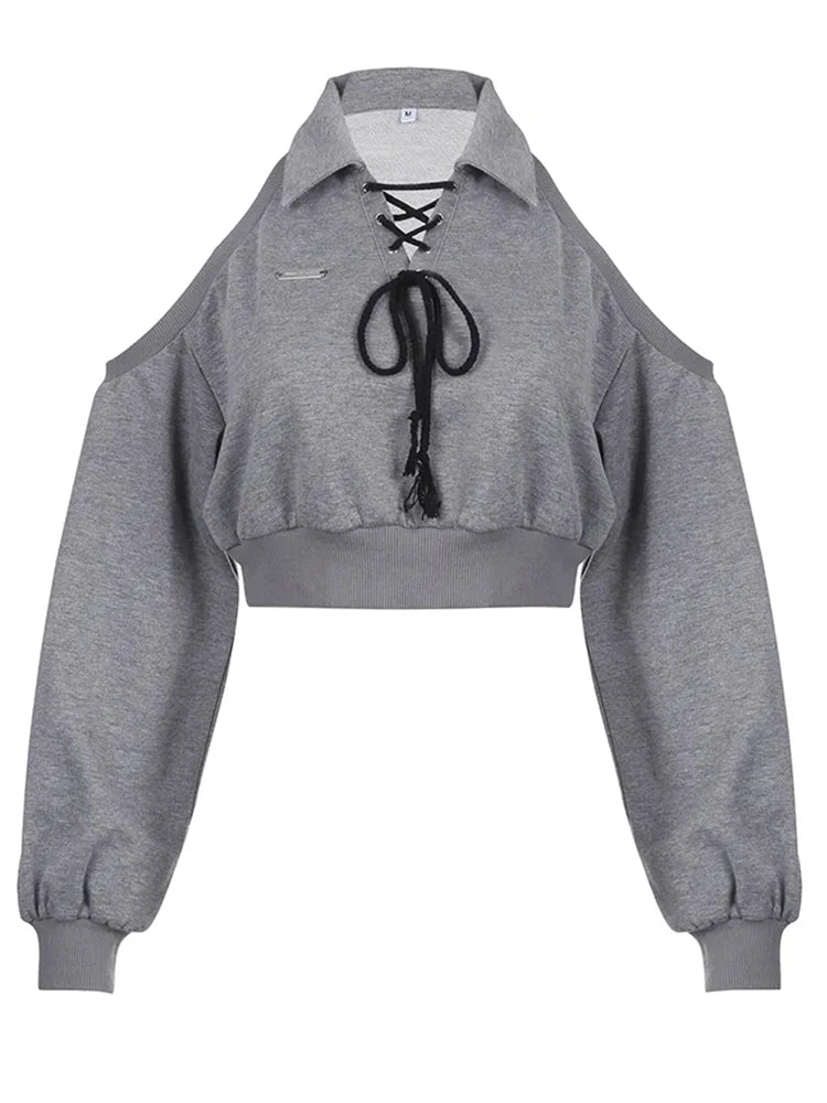 Women Sweatshirt Streetwear Off Shoulder Gothic Tops Long Sleeve Harajuku Grey Pullovers