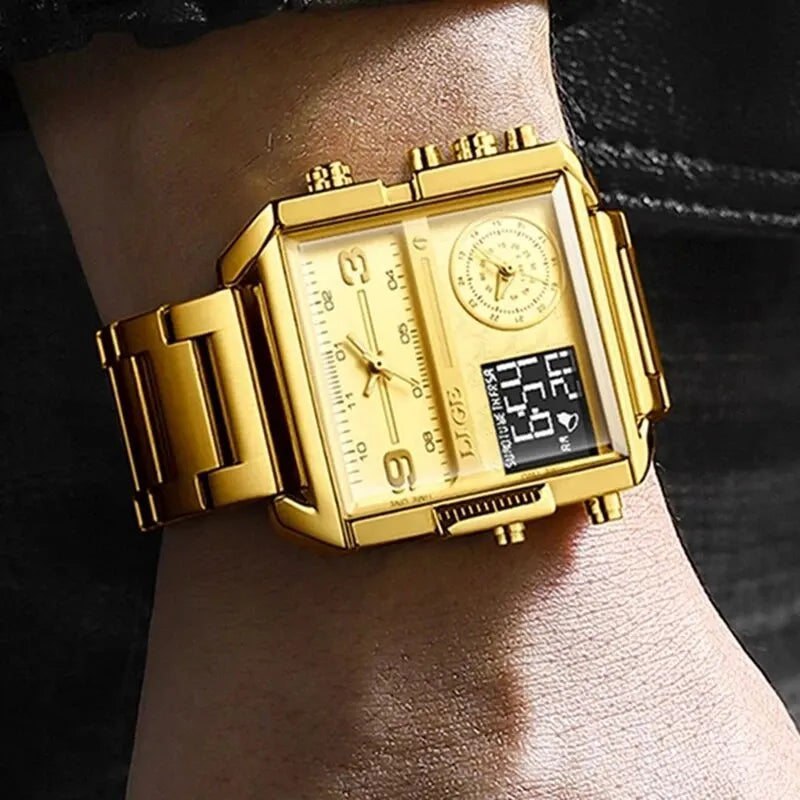 LIGE Luxury Original Men Sports Wrist Watch Gold Quartz Steel Waterproof Watches