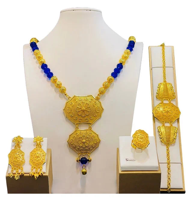 Dubai Jewelry Set For Women Necklace Earrings Indian Thailand Two Piece Set Gold Color