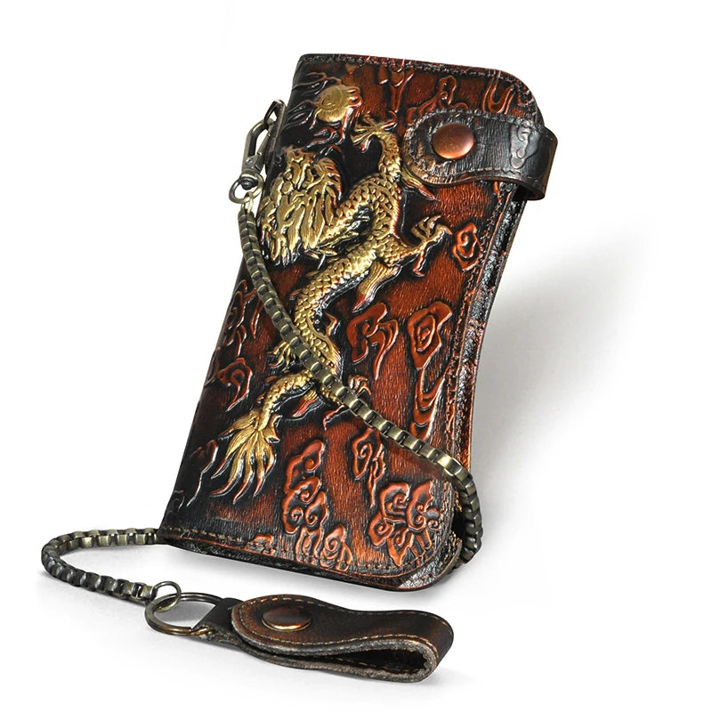 Luxury Male Cattle Real Leather Design Dragon Emboss Check book Iron Chain Organizer Wallet Purse