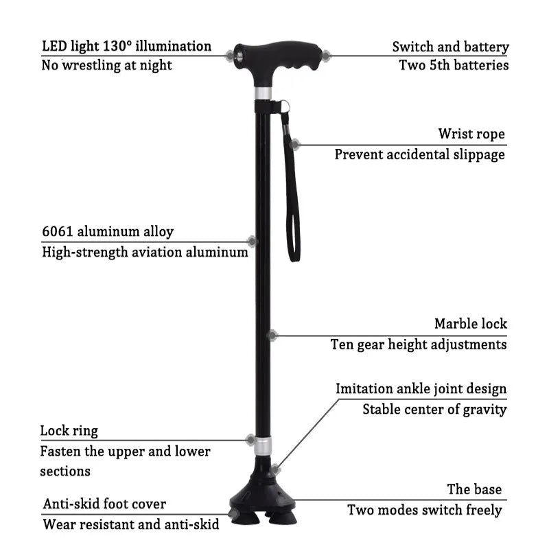 Non-slip Walking Sticks For The Elderly Retractable Aluminium Alloy Multifunctional Cane With Led Light Old Men Crutch