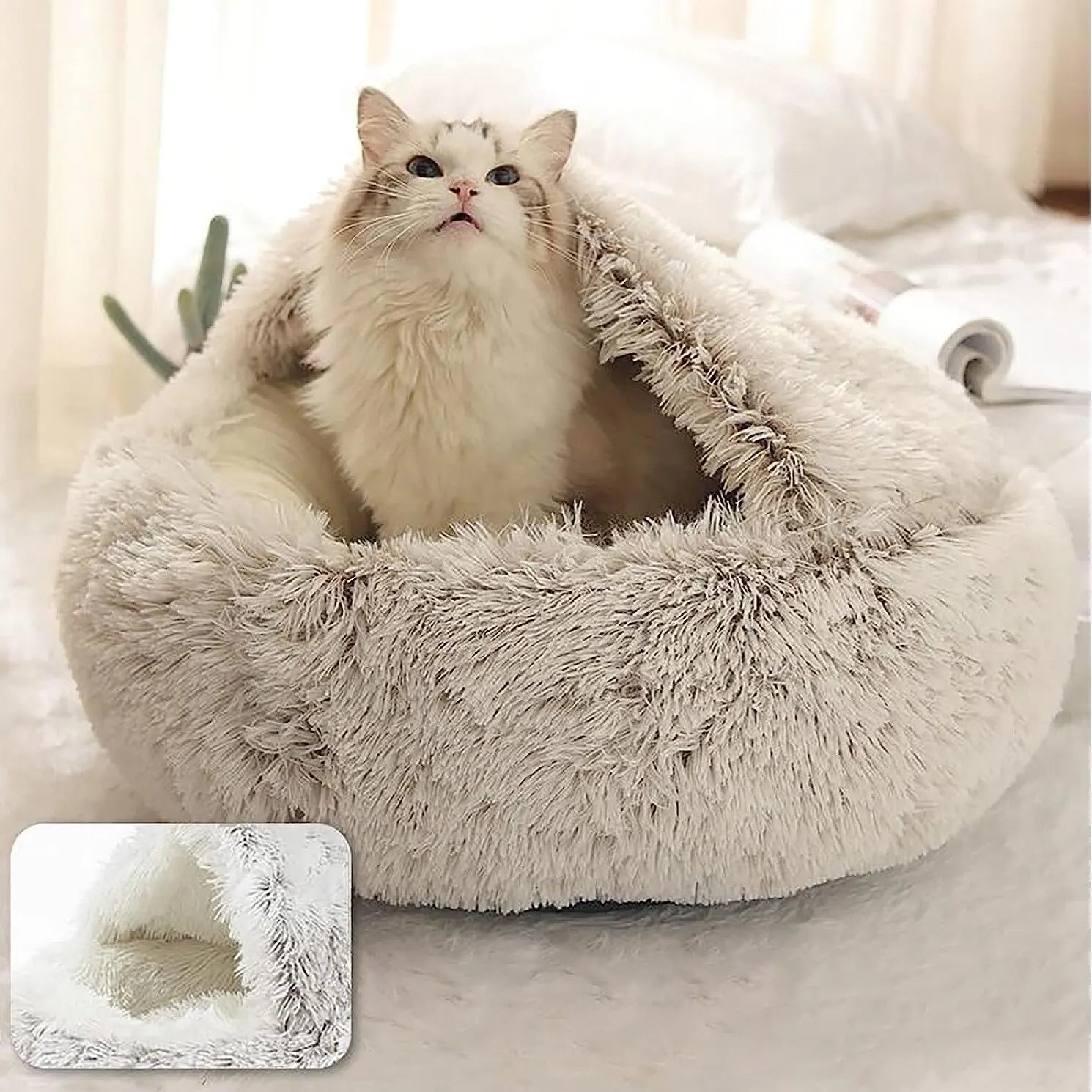 Soft Plush Pet Bed with Cover Round Cat Bed Pet Mattress Warm Cat Dog 2 in 1 Sleeping Nest Cave for Small Dogs - Hiron Store