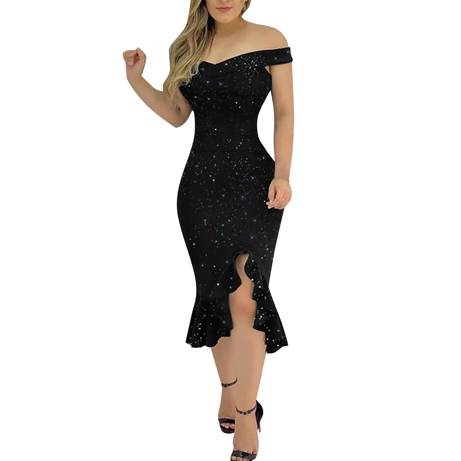 Women's Fashion Sexy Summer Off Shoulder  Short Sleeve Sequin Ruffle Irregular Dresses - Hiron Store