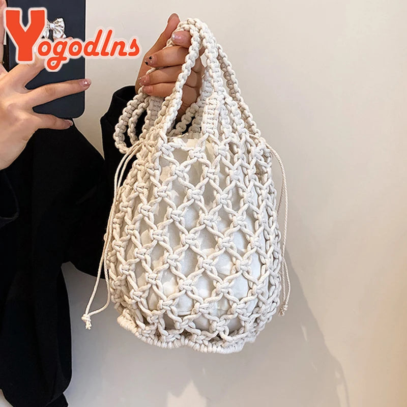 Drawstring Women's Straw Bucket Bag Summer Woven Shoulder Bags Purse Beach Handbag Straw Handbags Casual Crossbody Bag - Hiron Store