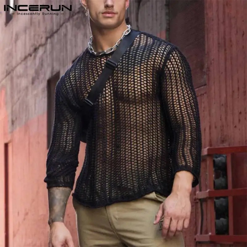 Men Mesh T Shirt Transparent Sexy 2023 O-neck Long Sleeve Men Clothing Streetwear Solid Party Nightclub Camisetas S-5XL - Hiron Store