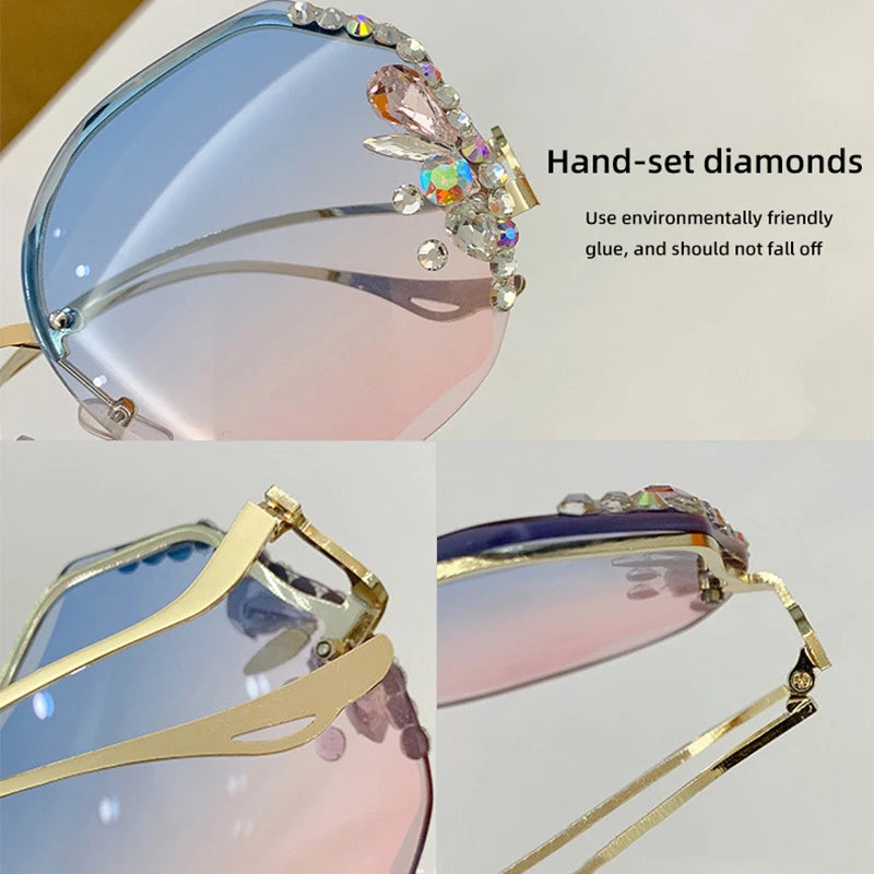 Luxury Fashion Oversized Rimless Sunglasses Women Fashion Brand Designer Big Frame Diamond Square Sun Glasses For Female - Hiron Store