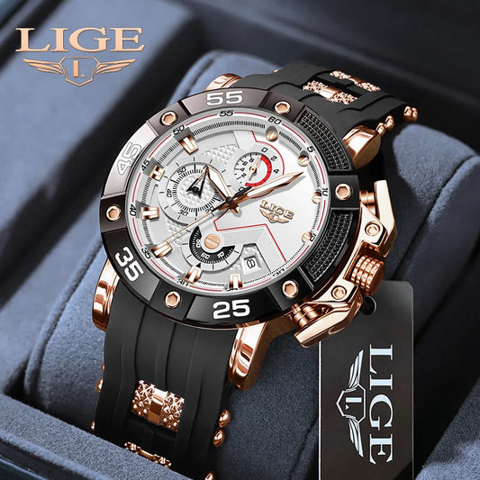 LIGE Man Watch Fashion Military Sport Date Quartz Watches Luxury Silicone Strap Waterproof Chronograph Watches For Men