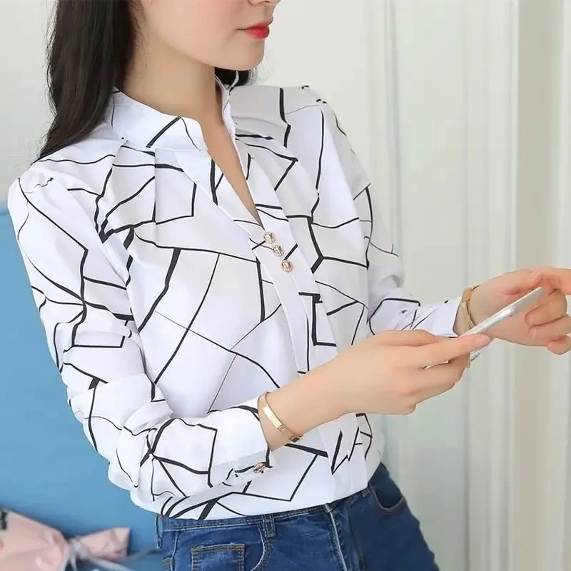 Women White Tops Blouses Fashion Stripe Print Casual Long Sleeve Office Lady OL Shirts Slim Blusas DF4970 - Hiron Store