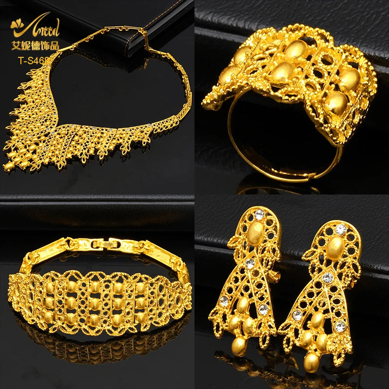 ANIID African Jewelry Set Dubai Gold Color 24K Luxury Bridal Earrings And Choker Set Wedding Ethiopian Jewelry Party Gifts