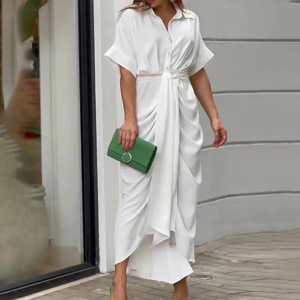 High Waisted Lady Shirt Dress for Women Clothing 2024 Summer Classic Casual Slim Short Sleeve Women Dress Female Solid Long Skir - Hiron Store