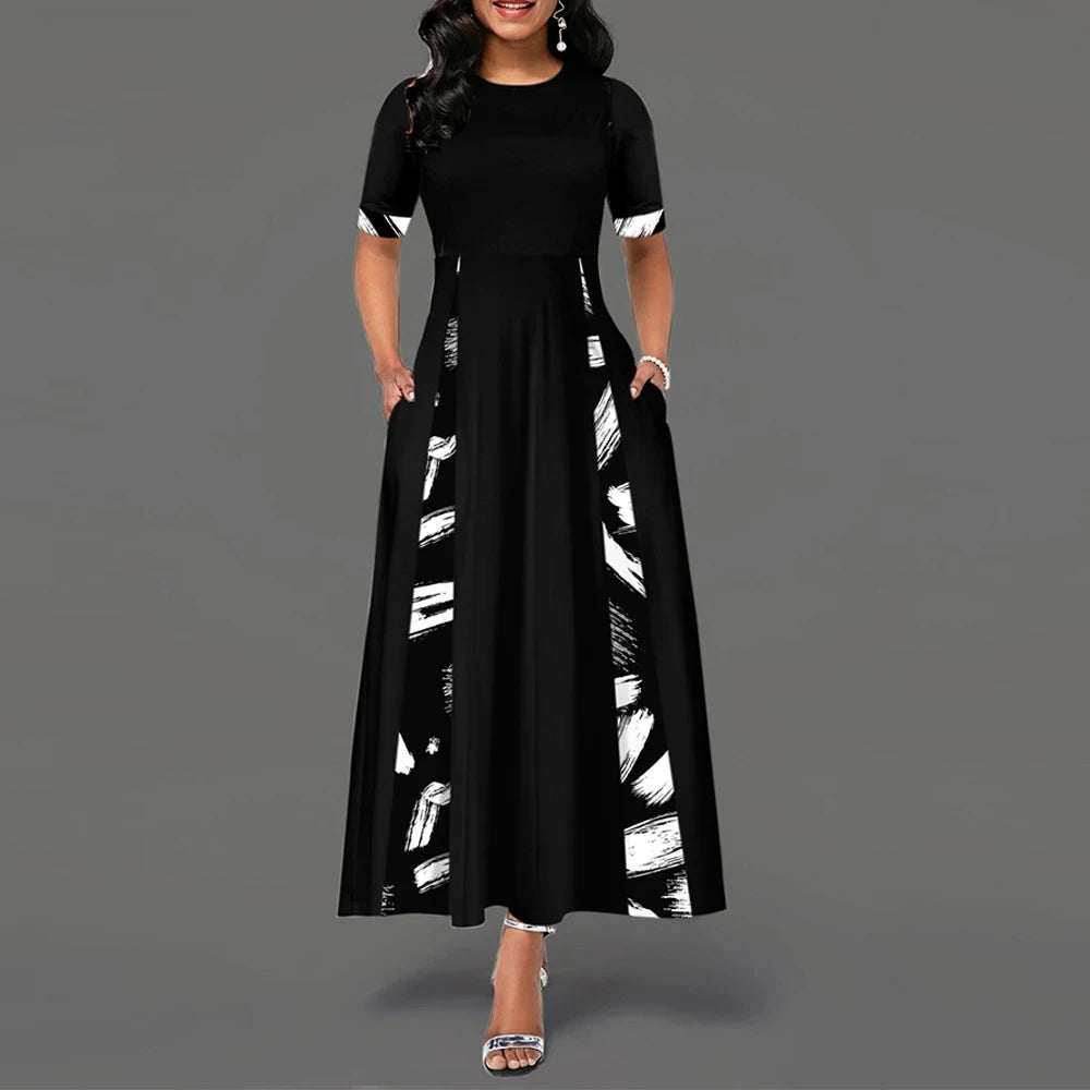 Women Plus Size Printed Boho Dress Round Neck Half Sleeve Long Maxi Dress Evening Party Beach Summer Dress - Hiron Store