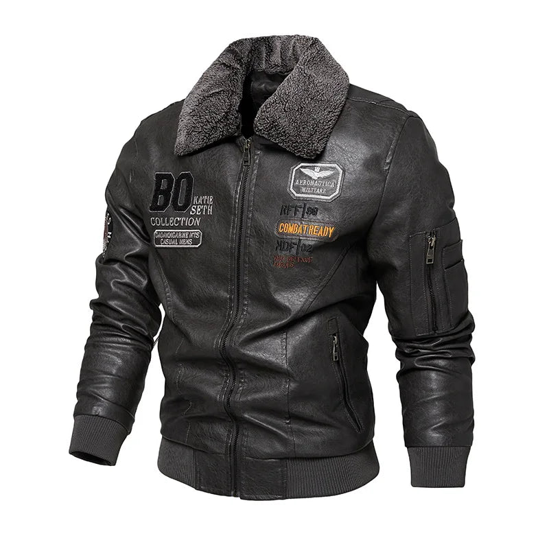 Men's Leather Jacket High-Quality Fur Collar Winter Thick Coat Original Embroidered Men Clothing