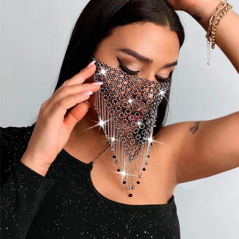 Shiny Rhinestone Mask Face Decor Bling Tassel Veil Mask Reusable Metal Crystal Dance Face Veil Bandana Masquerade Party Jewelry - Hiron Store