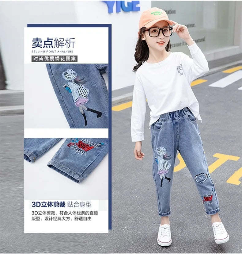 Girls  Jeans spring autumn Korean Wild Loose cartoon print Elastic Waist Straight Thin Wide-leg