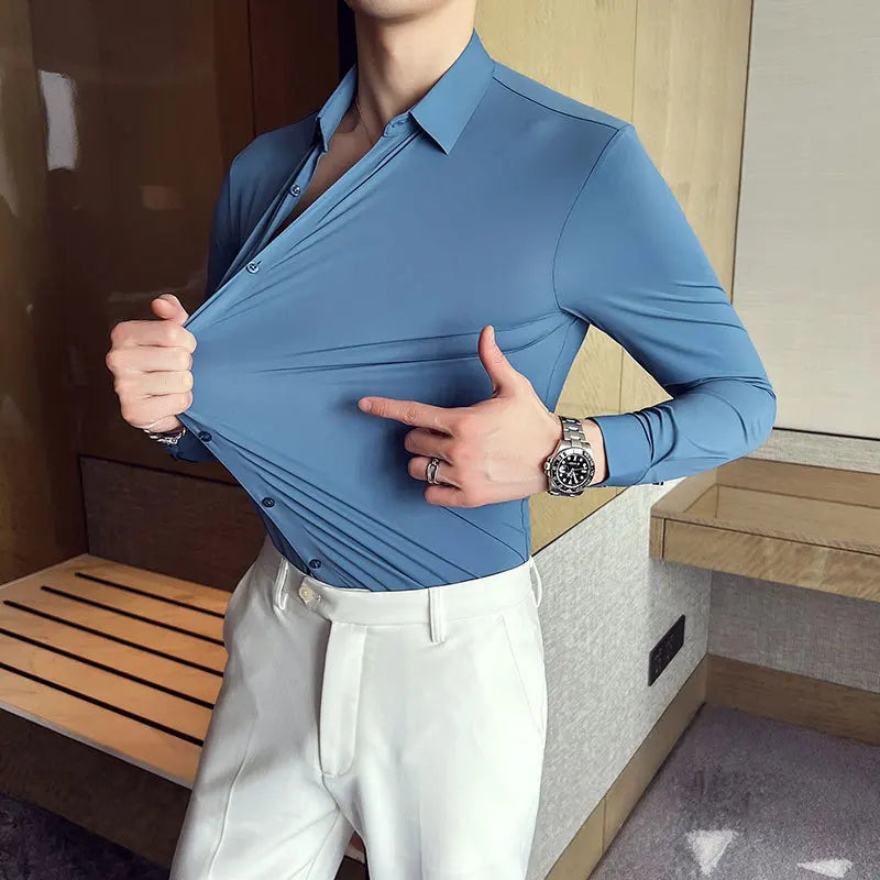 Men's Ultra Stretch  Long Sleeve Shirt, Top Quality Business Casual, Breathable   Solid Color Formal Dress Shirt