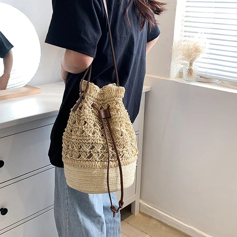 Chic Bucket Shape Crossbody Shoulder Bags Handmade Straw Hollow out Bag Pouch Female Travel Phone Purse Vintage Handbags - Hiron Store