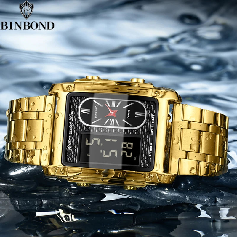 BINBOND Brand Luxury Watches for Men Fashion Quartz Wristwatch Square Gold Stainless Steel Watche