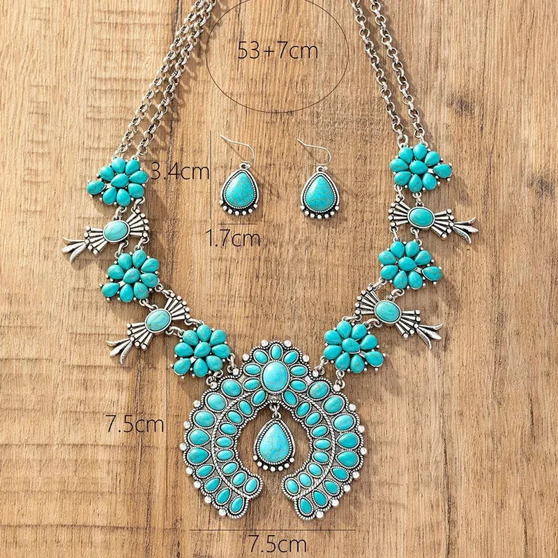 2 Pcs Set Bohemia Turquoise Stone Flower Pendant Earrings Water Drop Charm Jewellery