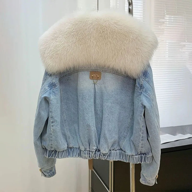 Cowboys Women Overcoat Loose Short Imitation Fox Fur Coat Winter Thick Warm Jeans Cotton-Padded Jacket