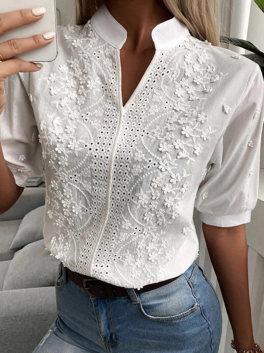 Summer Floral Embroidery Lace Blouse V Neck Casual Shirt Chic Short Sleeve Tops