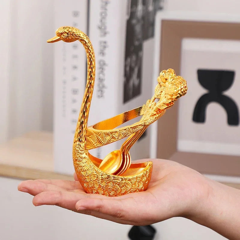 7pcs Spoon Set Zinc Alloy Coffee Spoon with Swan Shaped Holder Creative Luxury Dessert Utensils For Tea Ice Cream Stirring Tools