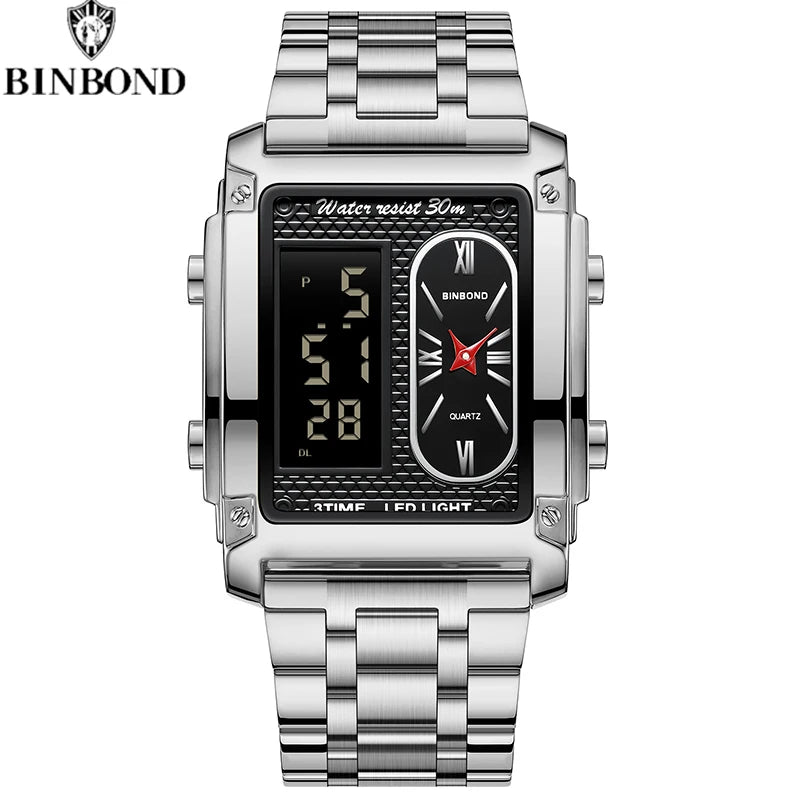 BINBOND Brand Luxury Watches for Men Fashion Quartz Wristwatch Square Gold Stainless Steel Watche