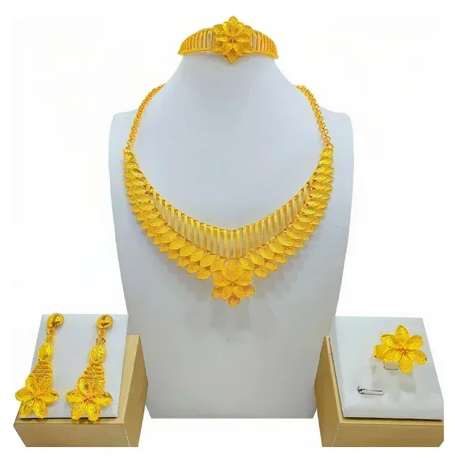 Indian Bridal Jewelry Sets For Women Wedding Ethiopian 24K Gold Plated Necklace And Earing Jewellery