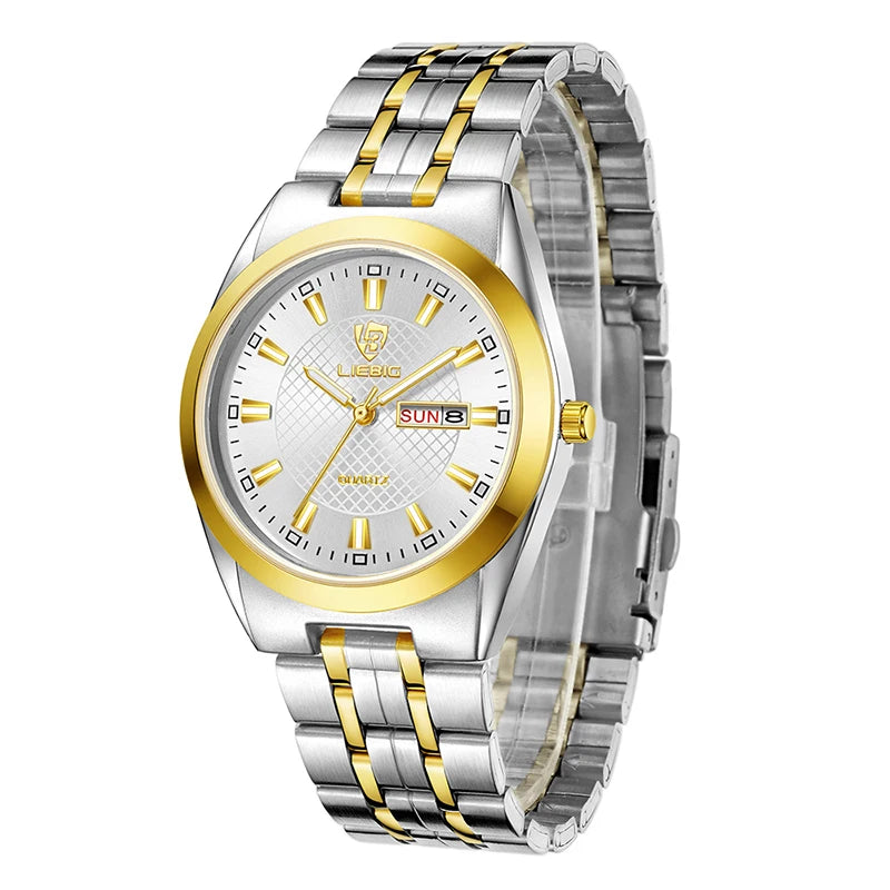 Men's and women Wristwatch Quartz Movement Stainless Steel Strap Time Date Casual Gold Watch