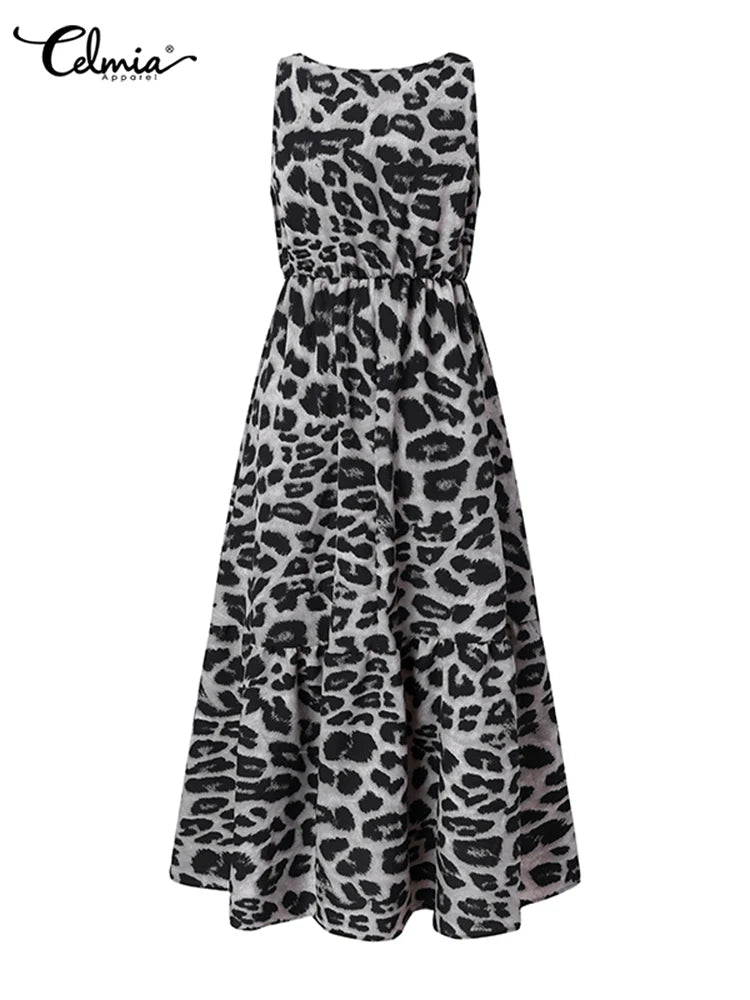 Sleeveless Leopard Print Maxi Dress 2024 Summer Beach Sundress