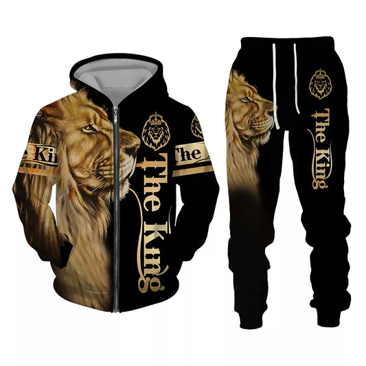 Autumn and Winter Men's Tracksuit 3D The Lion Print Zipper Hoodies Sweatshirts Pants Sets Casual Mens Clothing Women's Tracksuit - Hiron Store