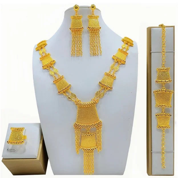 Fashion India Latest Design Jewelry Luxury African Jewelry Necklace Earrings Ring Bracelet Set Dubai Gold Color