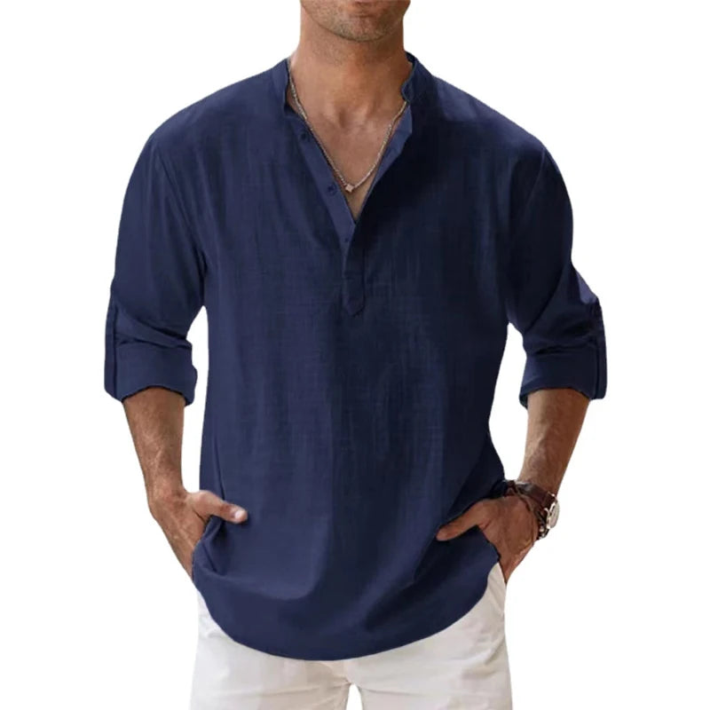 New Cotton Linen Shirts for Men Casual Shirts Lightweight Long Sleeve Henley Beach Shirts Hawaiian T Shirts for Men - Hiron Store