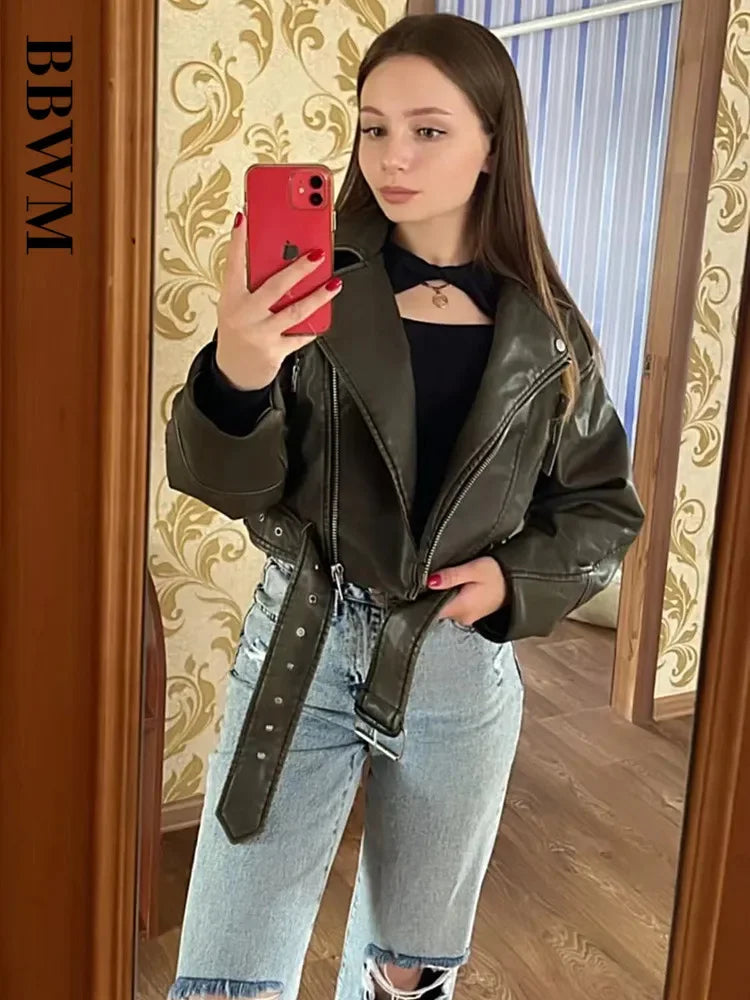 Women Faux Leather Short Jacket with Belt Streetwear Female Zipper Coat Outwear