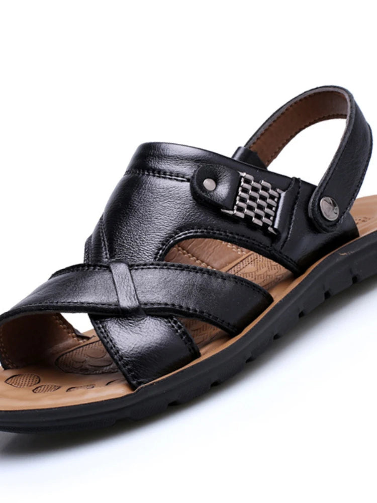 Men Leather Sandals Summer Shoes Slippers Soft Sandals Outdoor Walking Footwear - Hiron Store