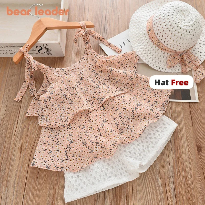 Summer Kids Clothes Floral Chiffon Halter+Embroidered Shorts Straw Children Clothing