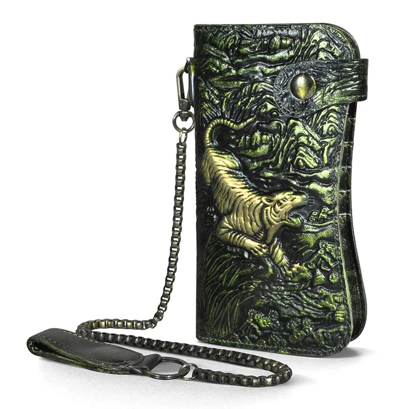 Luxury Male Cattle Real Leather Design Dragon Emboss Check book Iron Chain Organizer Wallet Purse