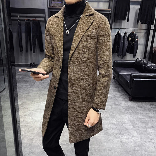 Men's Warm Winter Solid Colour Woollen Coat Slim Fit Long Windbreaker Coat