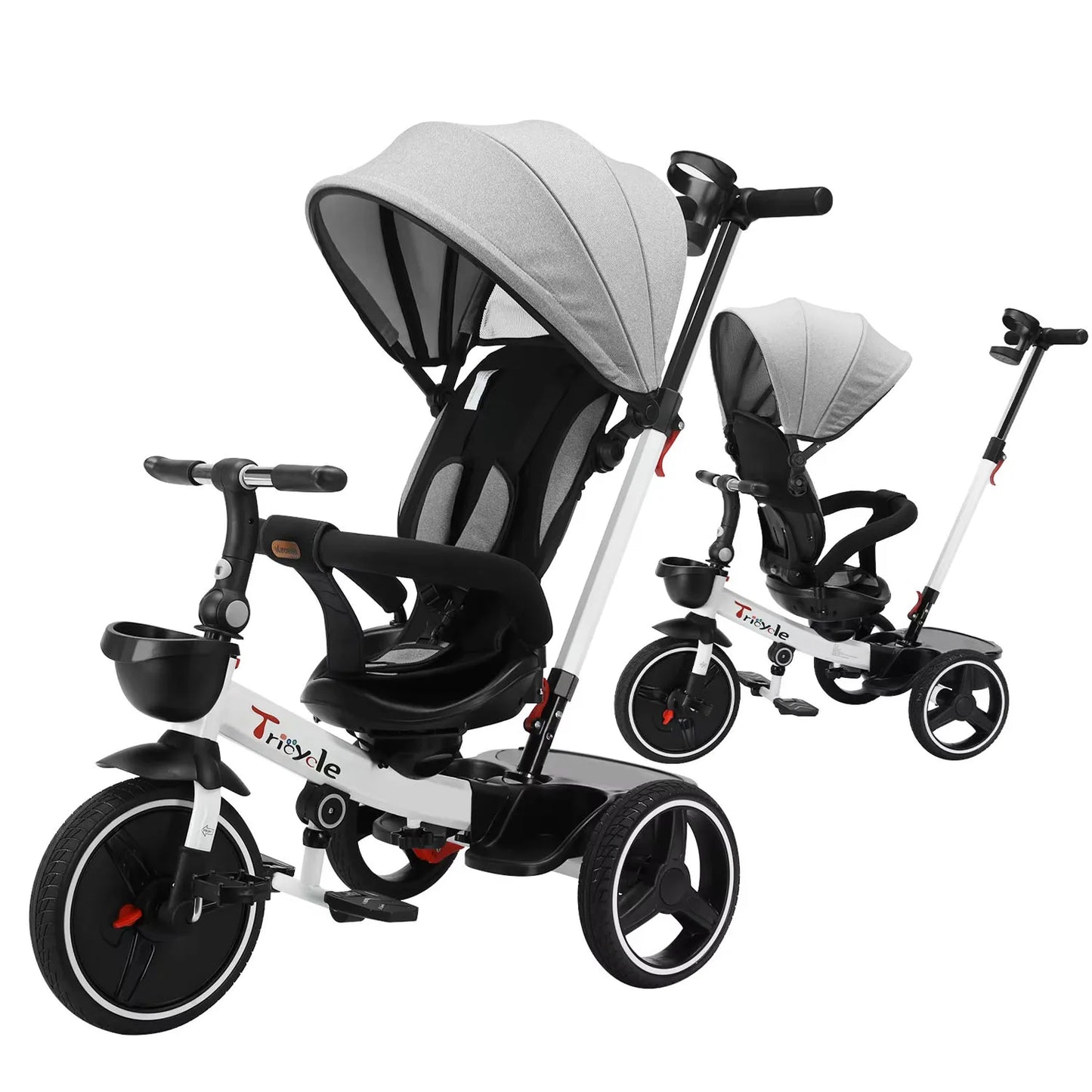 Baby Tricycle, 6-in-1 Baby Push Bike Steer Stroller, Detachable Guardrail, Adjustable Canopy