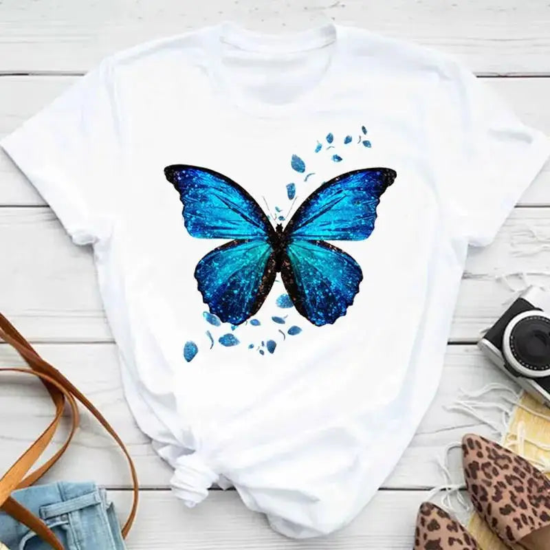 Fashion Women Men T Shirt Colorful Butterfly Petal Graphic Print T Shirt Casual Crew Neck Short Sleeve Plus Size T Shirt Unisex - Hiron Store