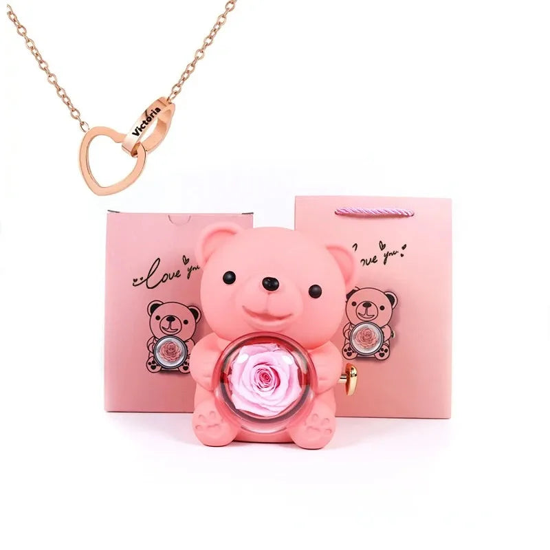 Eternal Rose Teddy Bear Gifts Box with Necklace Rotate Rose Jewelry Box