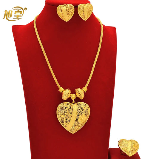 Ethiopian 24k Gold Color Heart Pendant Necklace Sets for Women Indian Anniversary Africa Bridal Necklace Earrings Ring Set Gifts - Hiron Store