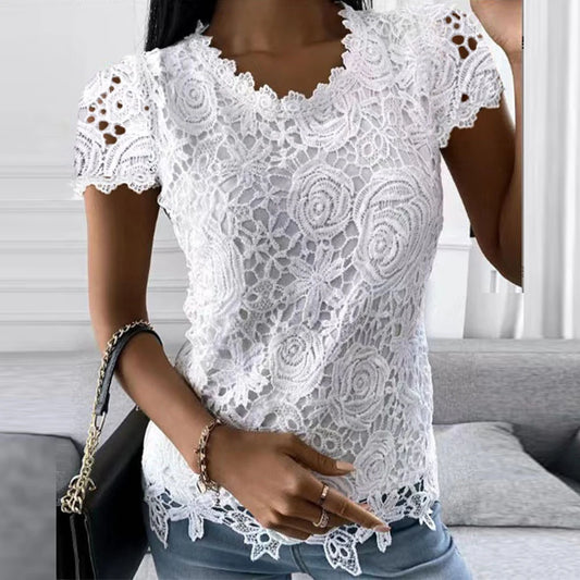 Womens Lace Round Neck Tops T-Shirts Ladies Summer Casual Short Sleeve Blouse Pullover Fashion Clothing For - Hiron Store