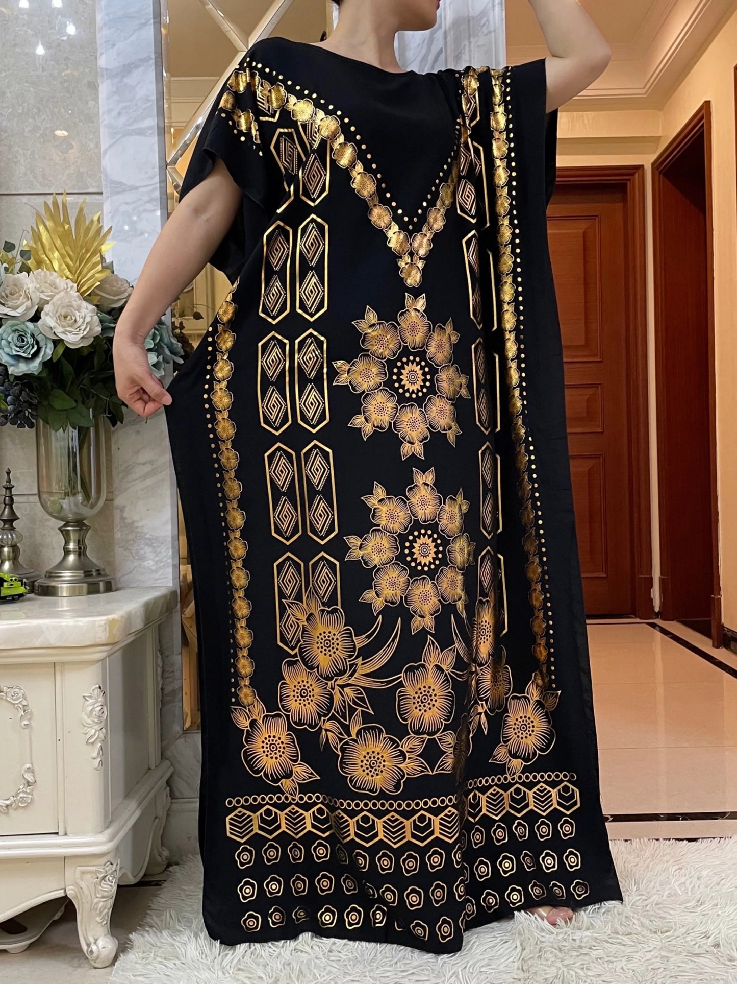 Short Sleeve Cotton Robe Gold Stamping  Boubou Maxi Islam Femme Dress African Abaya