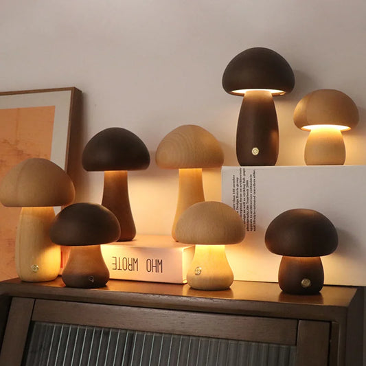 Wooden Mushrooms Night Light Touch Switch Bedroom Bedside Table Lamp USB Chargeable
