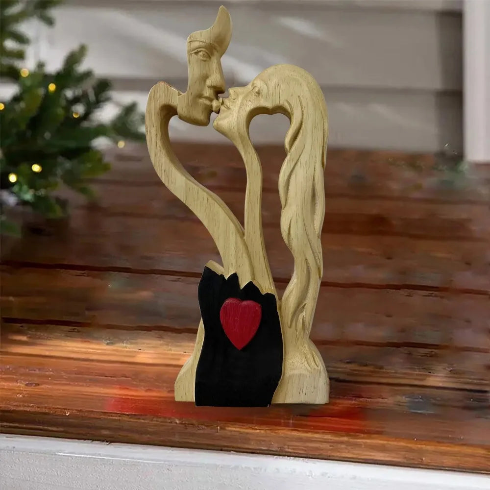 Love Eternal Wood Ornaments Wooden-Heart Desktop Sculpture Couple Kissing Statue Art Ornaments