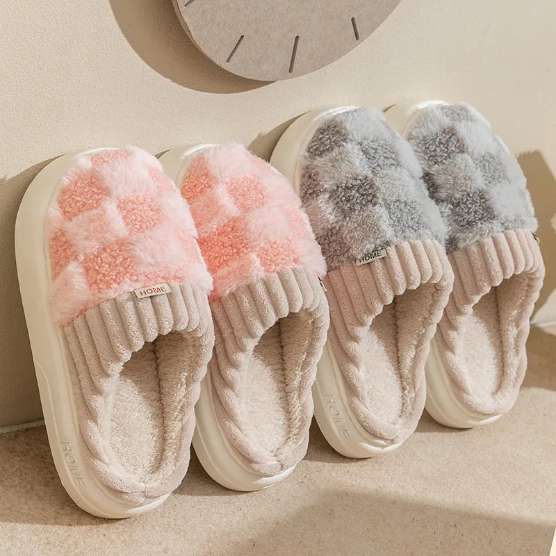 Fashion Couple Winter Toe Wrap Warm Plaid Cotton Slippers Thick Soft Sole Slides Men Women Indoor Floor Flat Home Non-slip Shoes - Hiron Store