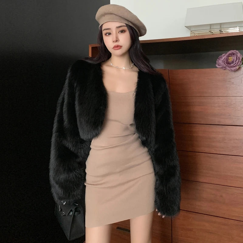 Girls Fur Cardigan Short Cut Loose Long Sleeves Winter Warm Faux Fur Coat Solid Colour Lady Jacket