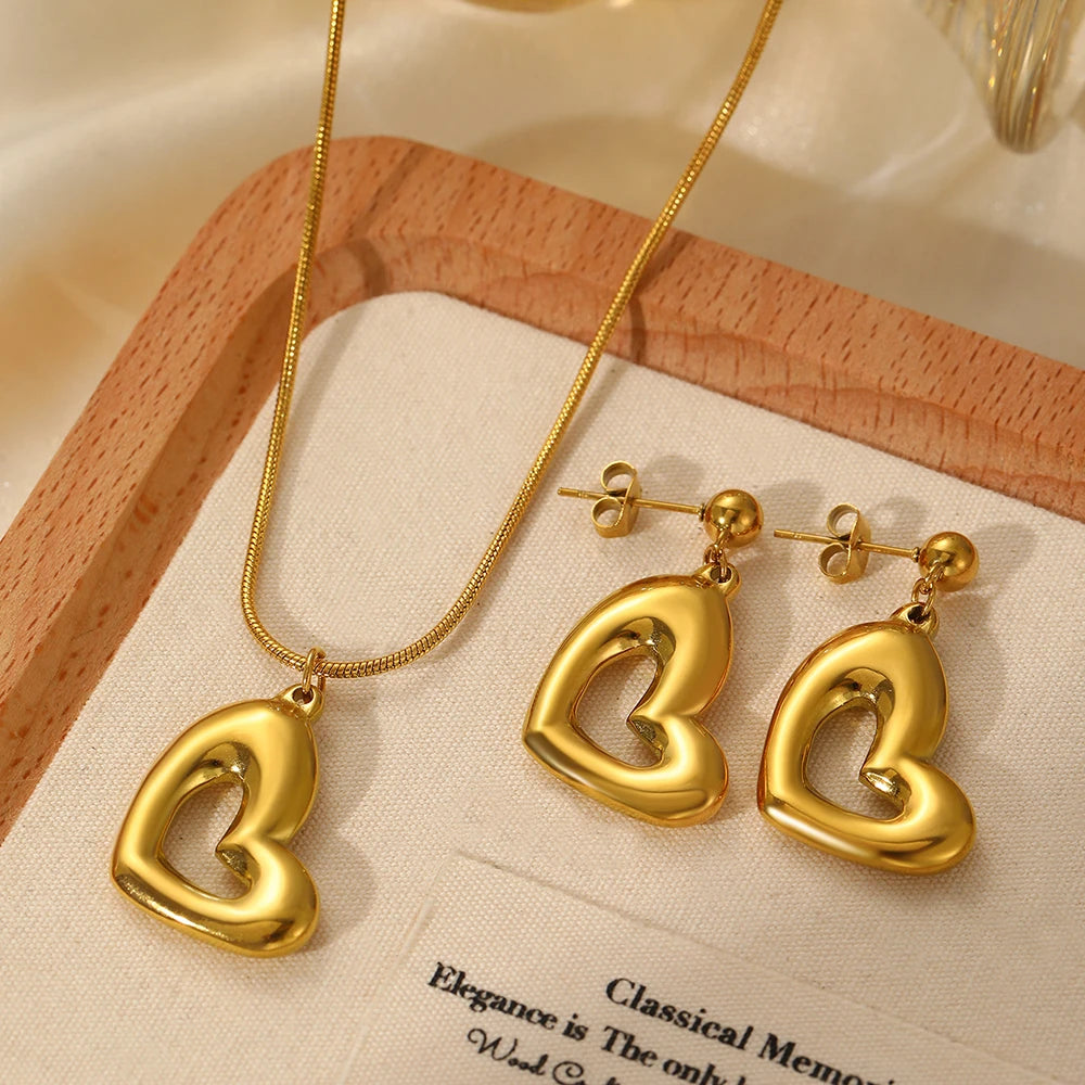 Stainless Steel Jewelry Set Heart Necklaces Earrings Trendy Fine Jewelry Set