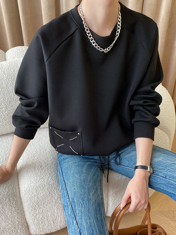 Embroidered Design Pullover Sweatshirt Women Solid Round Long Sleeve Casual Loose Tops