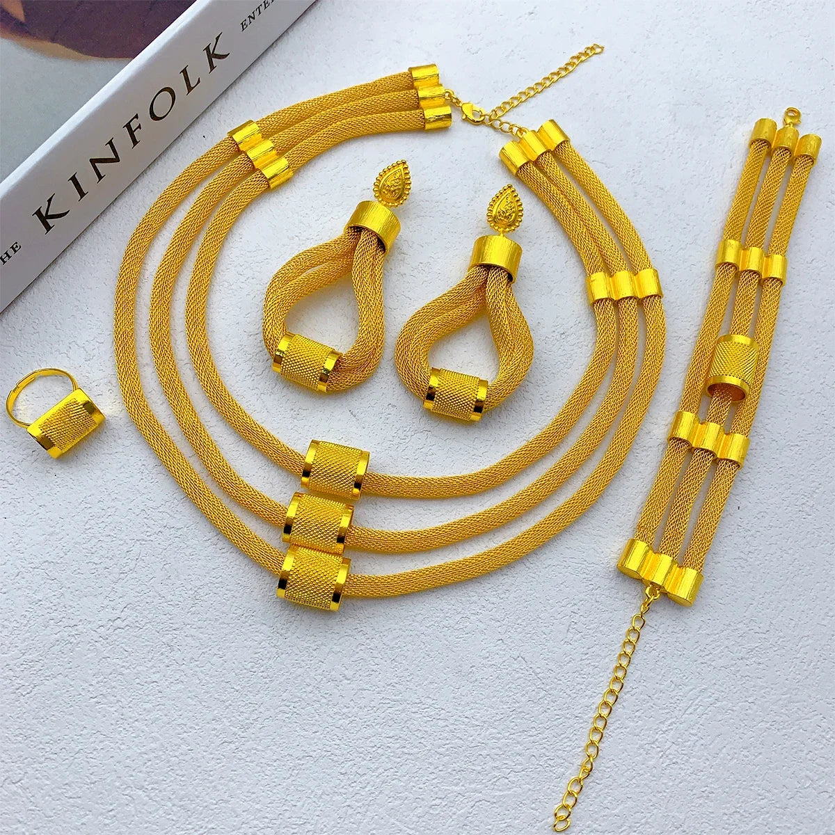 Dubai Ethiopian Multilayer Necklace And Earrings Sets For Women Indian Bridal 24k Gold Color Jewelry Set